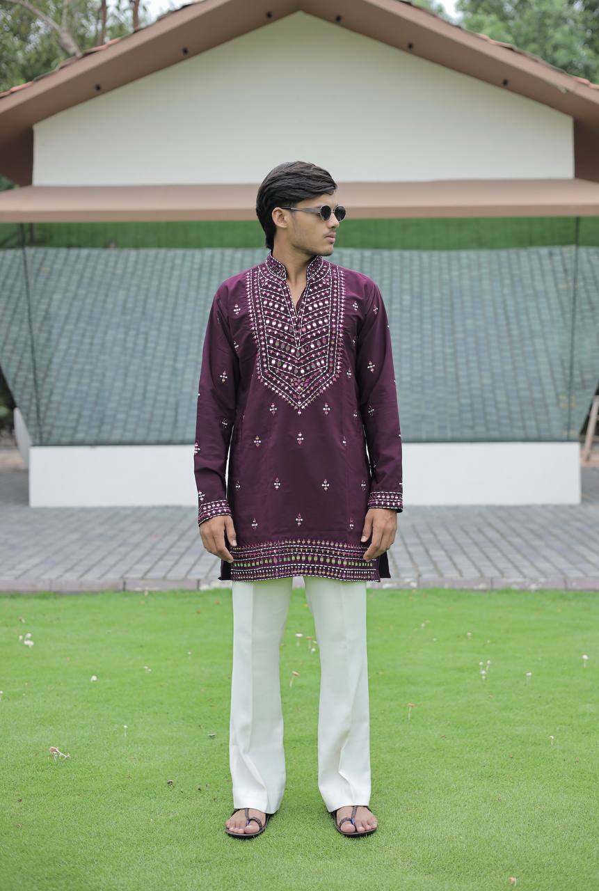 Wine V-Neck Kurta with Elegant Butti Work