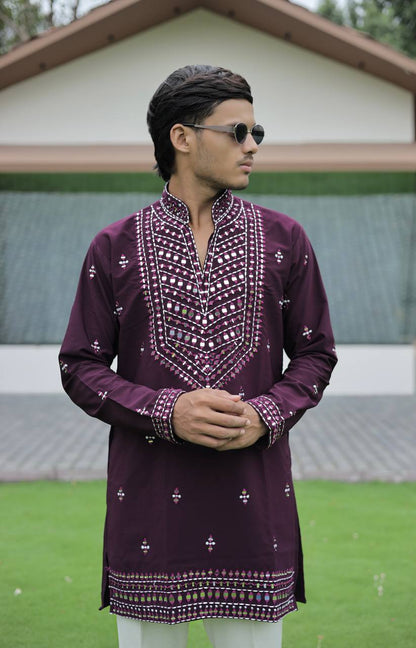 Wine V-Neck Kurta with Elegant Butti Work