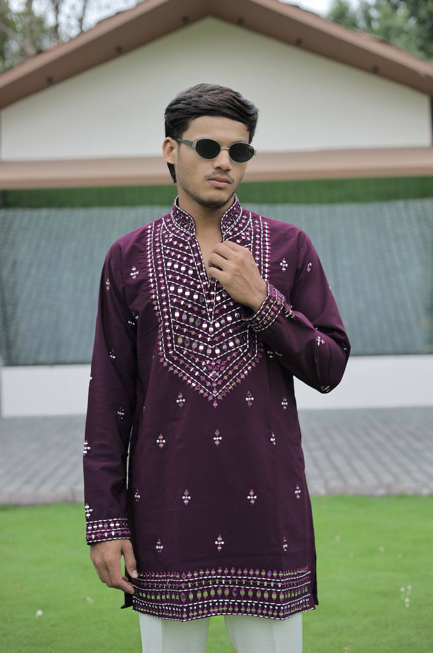 Wine V-Neck Kurta with Elegant Butti Work