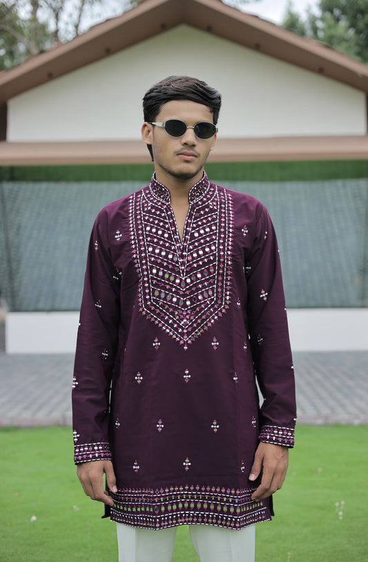 Wine V-Neck Kurta with Elegant Butti Work