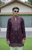 Wine V-Neck Kurta with Elegant Butti Work