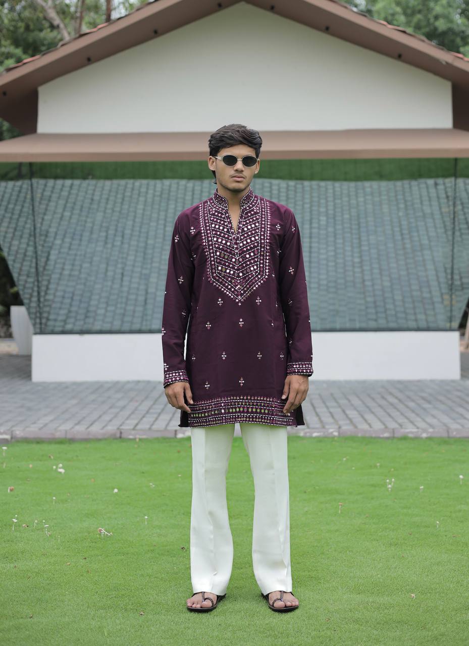 Wine V-Neck Kurta with Elegant Butti Work