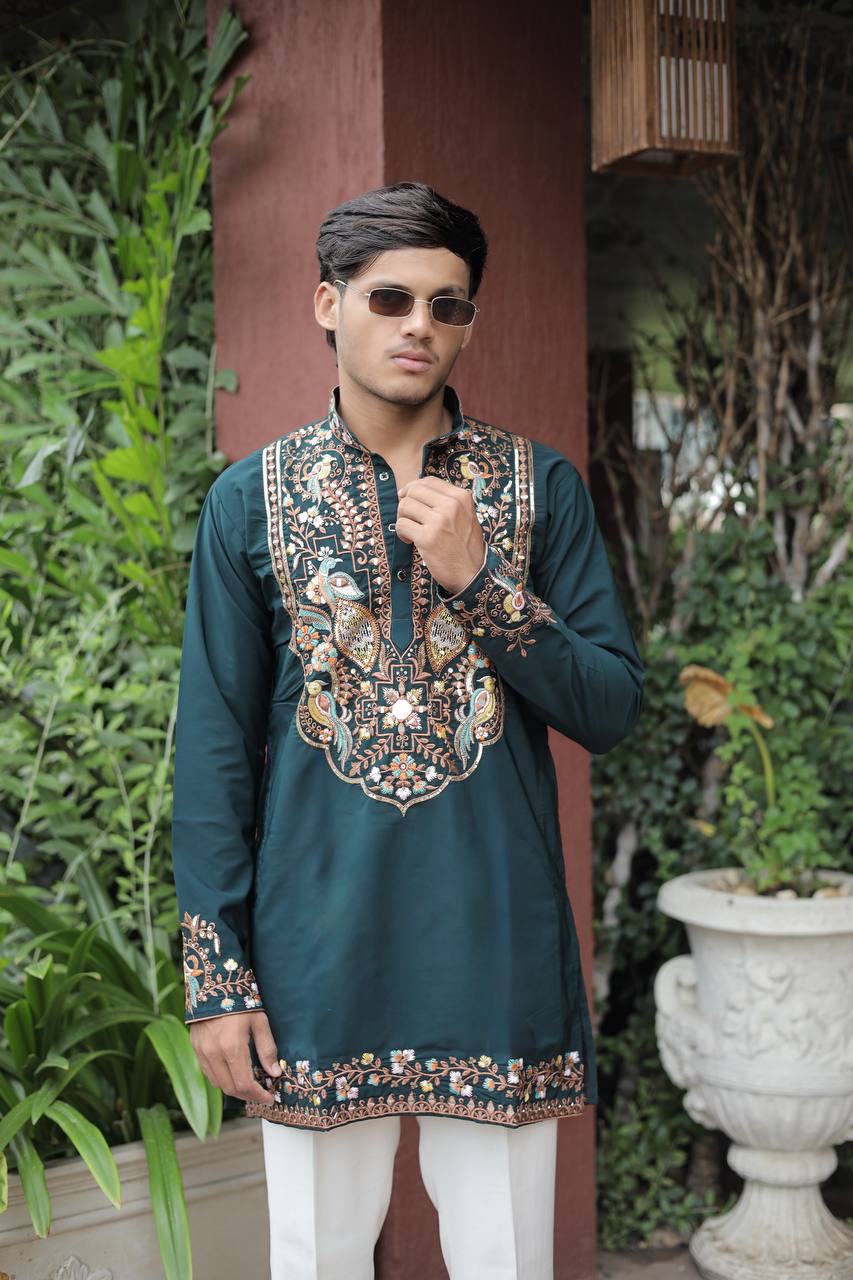 Bottle Green Peacock Motif with Mirror Work Kurta