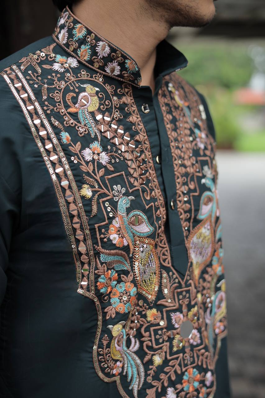 Bottle Green Peacock Motif with Mirror Work Kurta