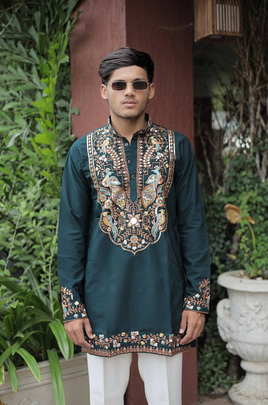 Bottle Green Peacock Motif with Mirror Work Kurta