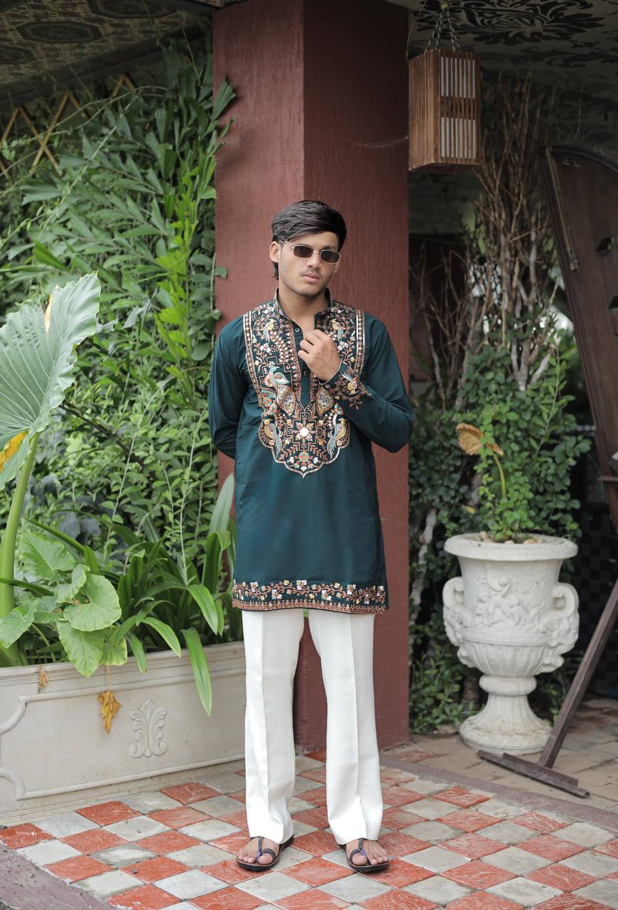 Bottle Green Peacock Motif with Mirror Work Kurta