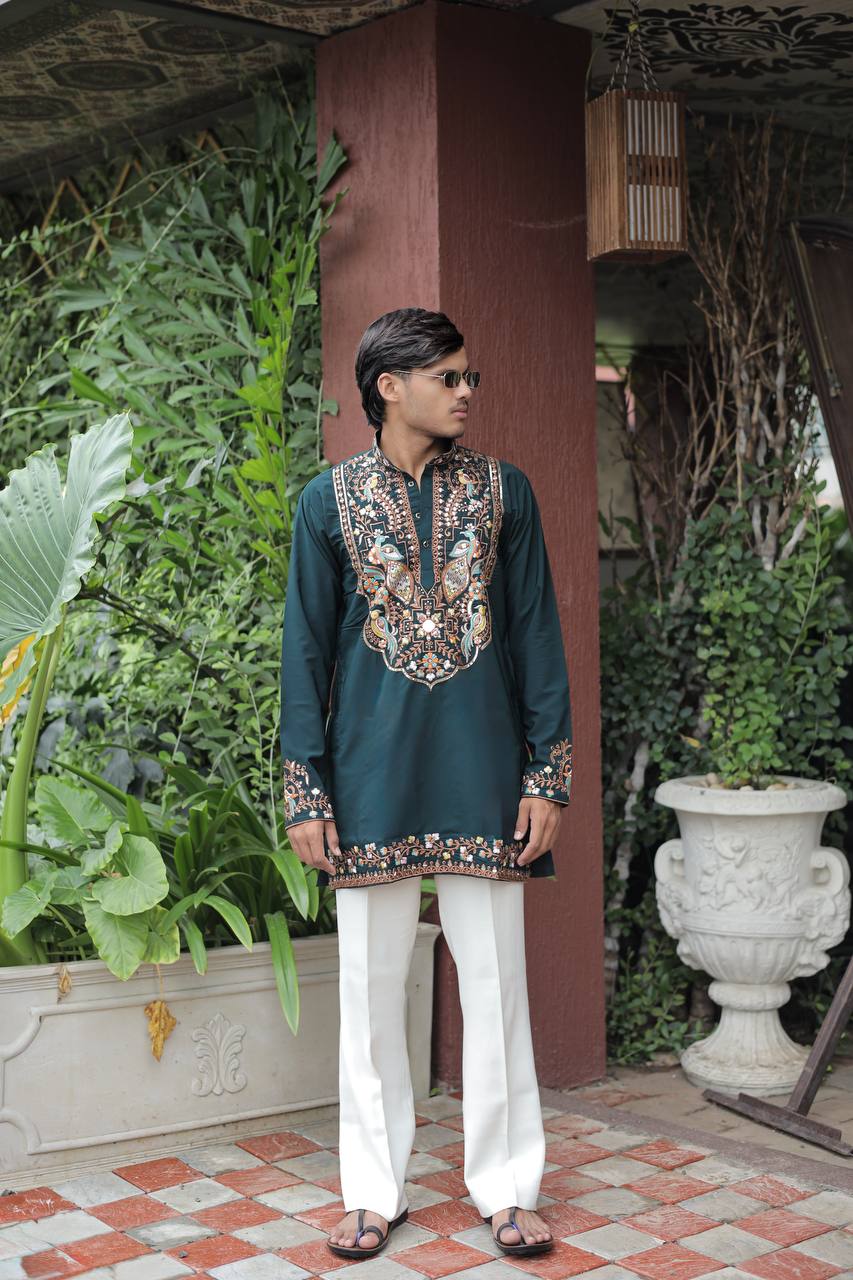 Bottle Green Peacock Motif with Mirror Work Kurta