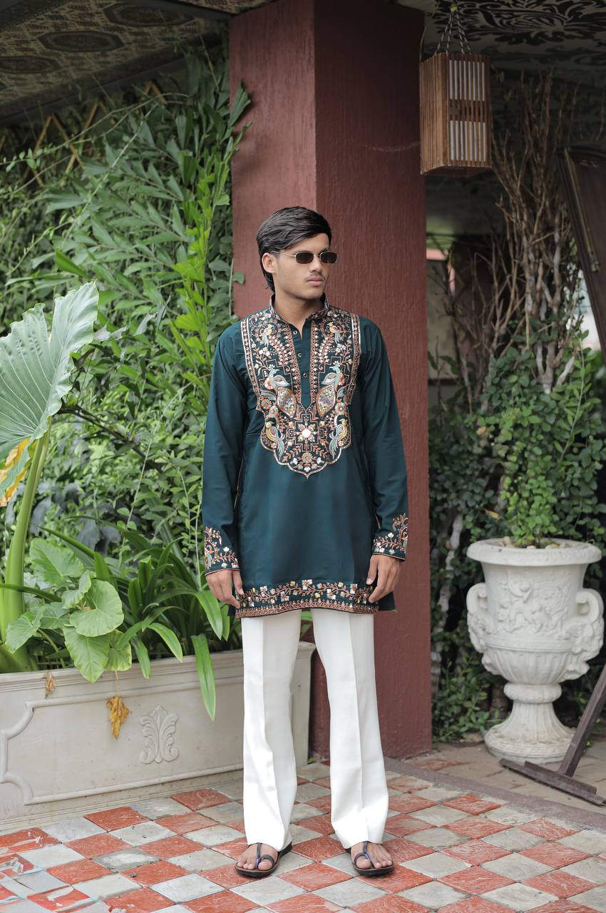 Bottle Green Peacock Motif with Mirror Work Kurta