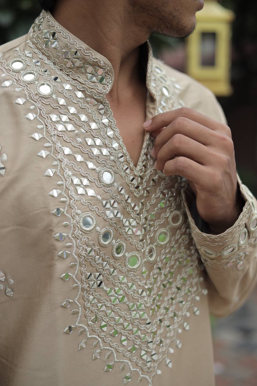 Beige V Neck Real Mirror Work Kurta