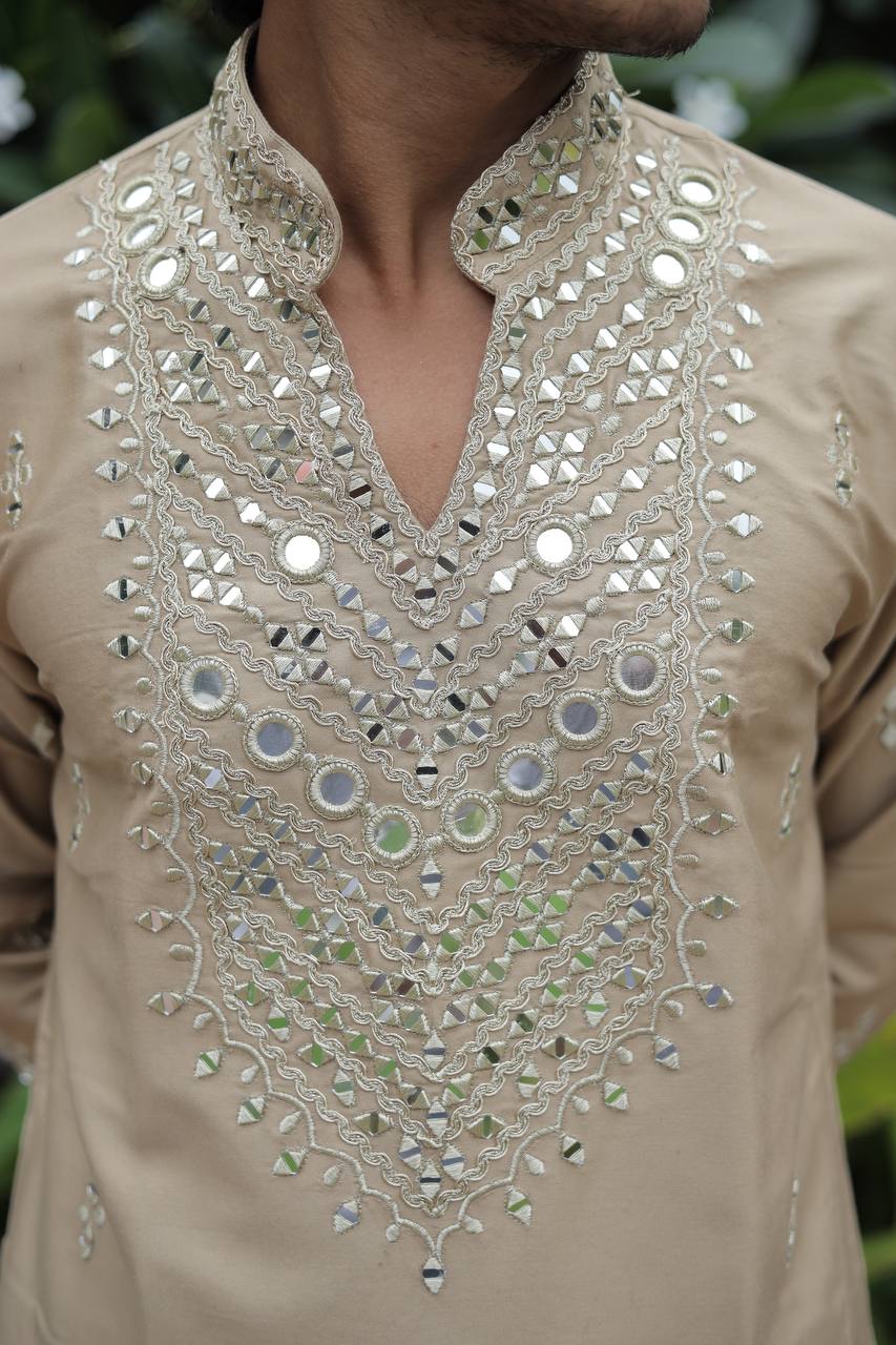 Beige V Neck Real Mirror Work Kurta