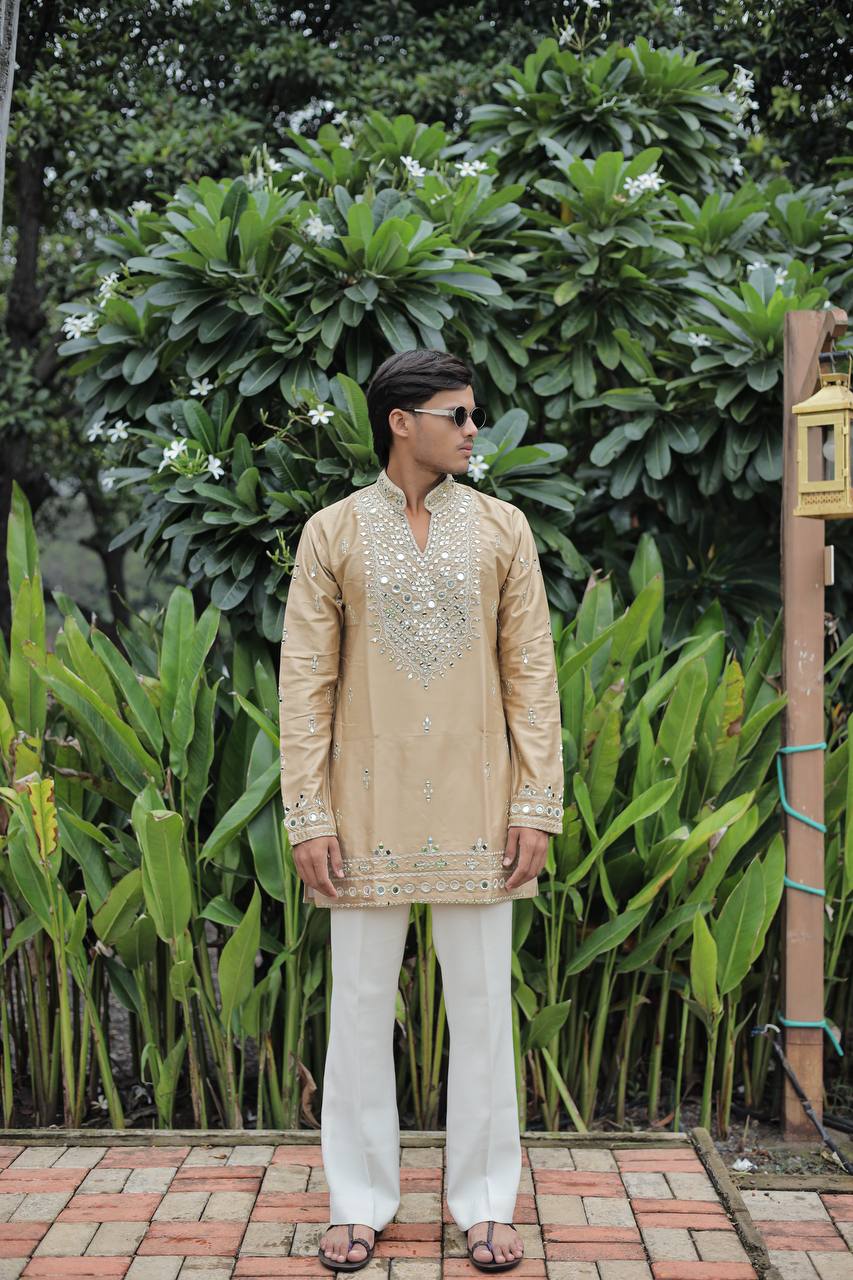 Beige V Neck Real Mirror Work Kurta