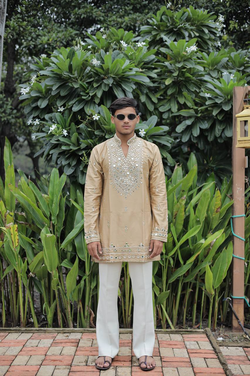 Beige V Neck Real Mirror Work Kurta
