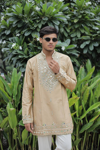Beige V Neck Real Mirror Work Kurta