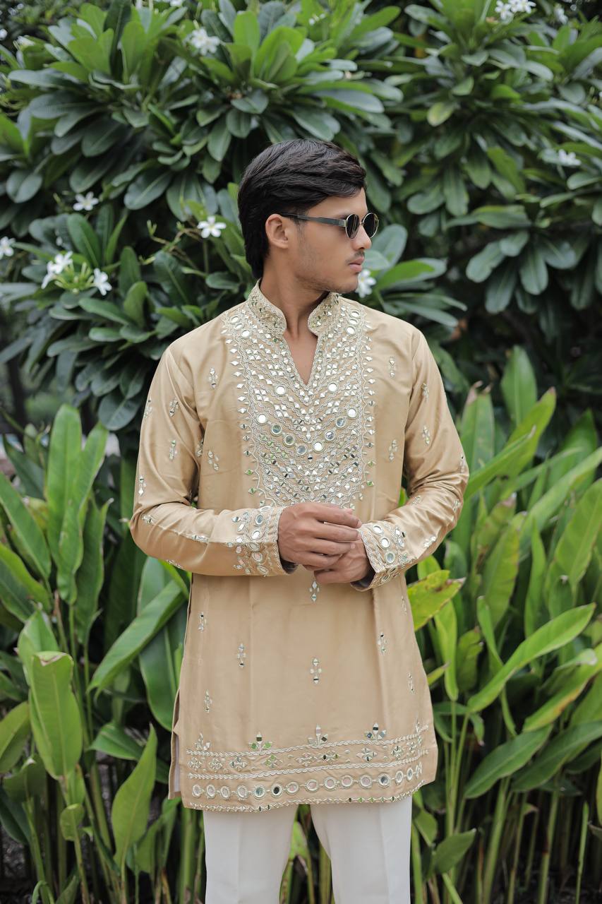 Beige V Neck Real Mirror Work Kurta