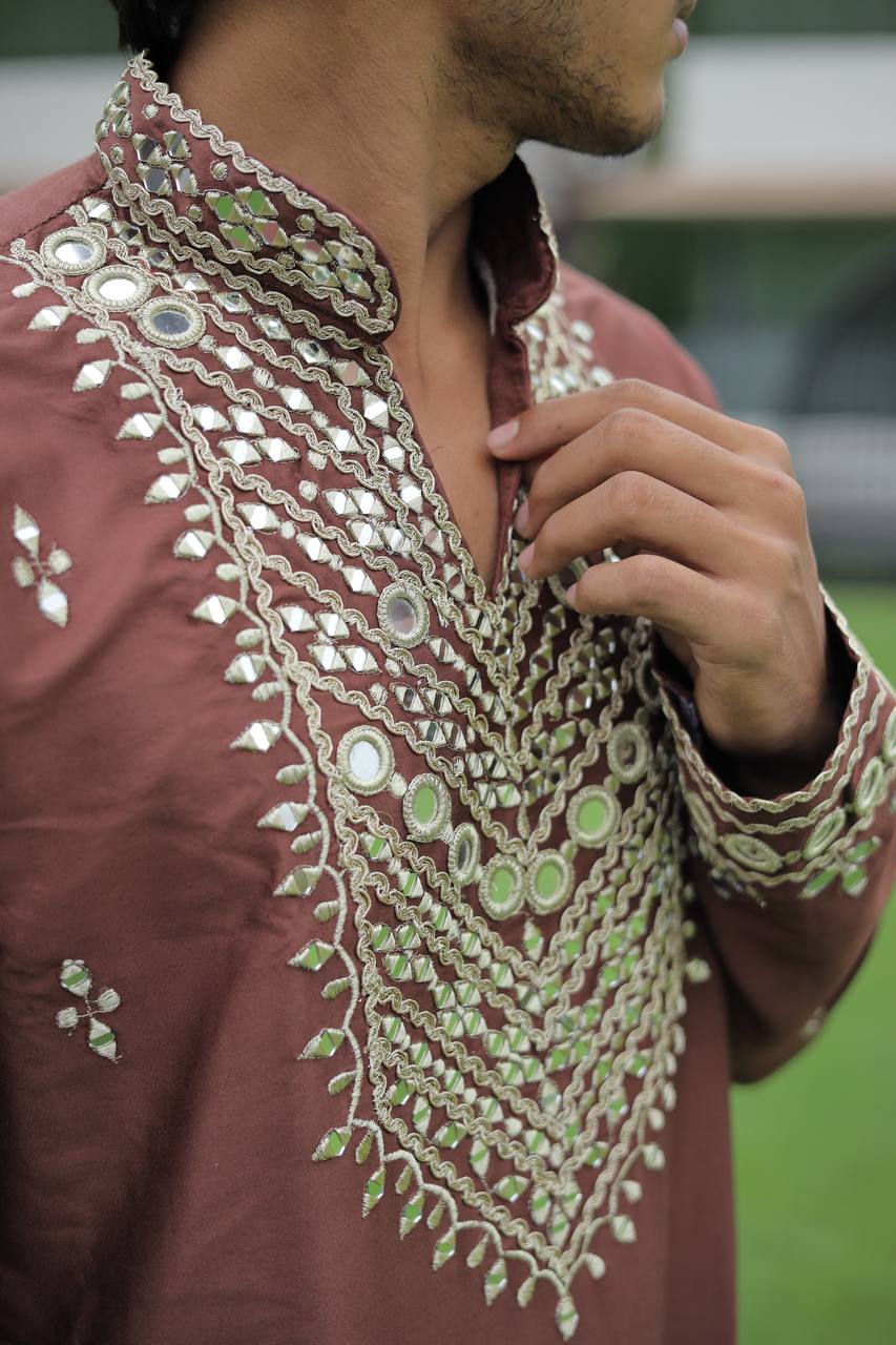 Brown V Neck Real Mirror Work Kurta