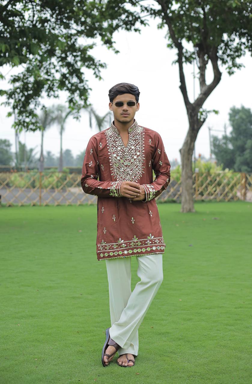 Brown V Neck Real Mirror Work Kurta