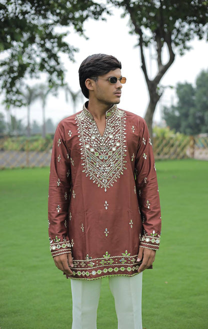 Brown V Neck Real Mirror Work Kurta
