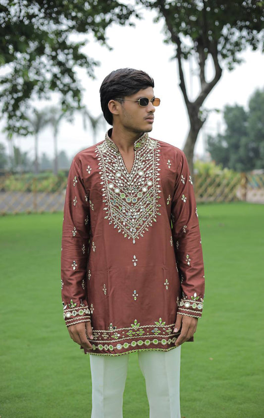 Brown V Neck Real Mirror Work Kurta