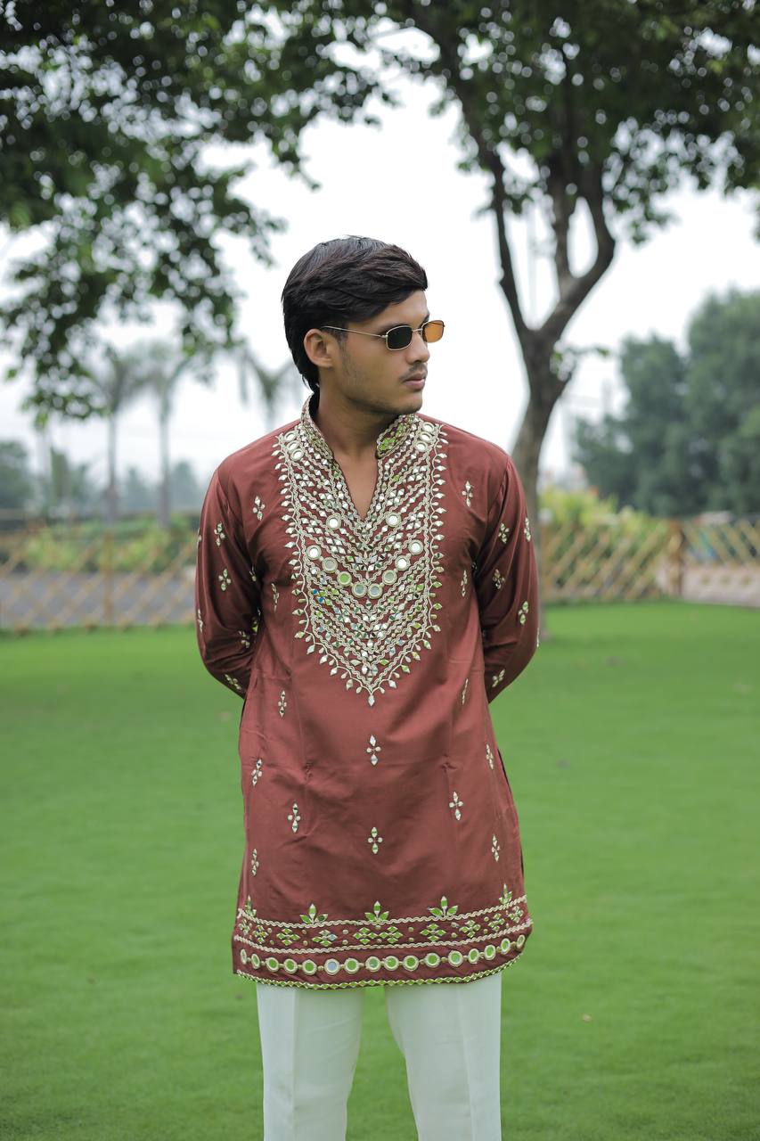 Brown V Neck Real Mirror Work Kurta
