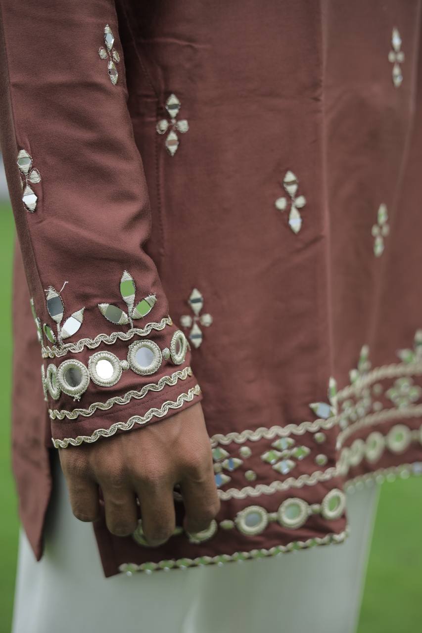 Brown V Neck Real Mirror Work Kurta
