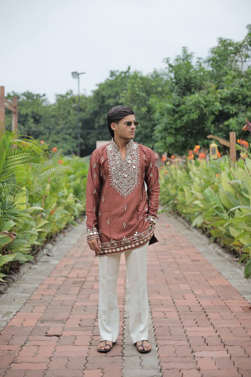Brown V Neck Real Mirror Work Kurta