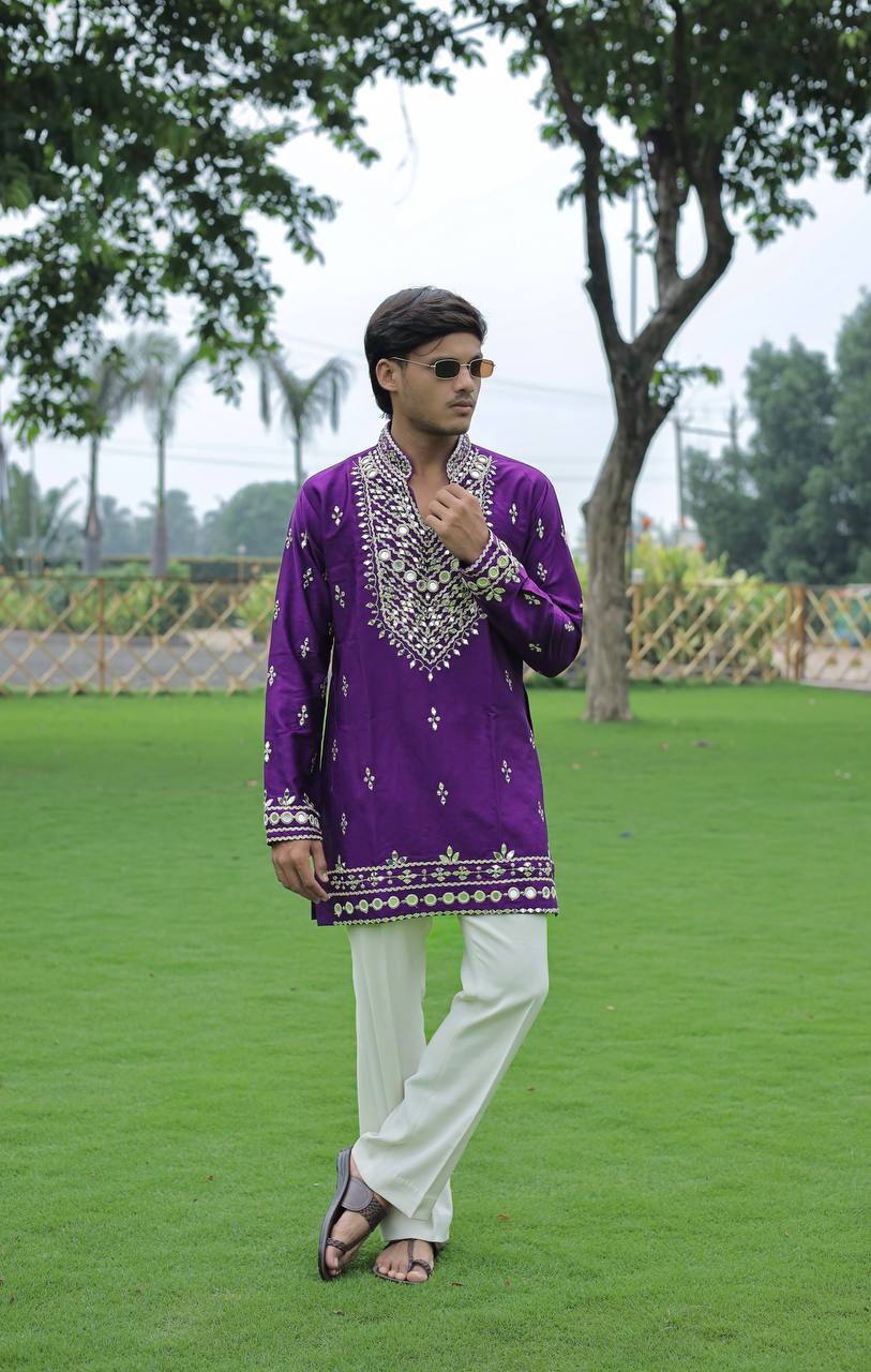 Violet V Neck Real Mirror Work Kurta