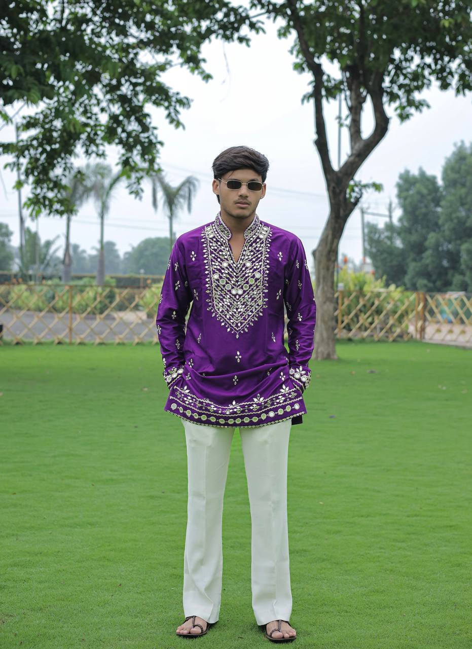 Violet V Neck Real Mirror Work Kurta