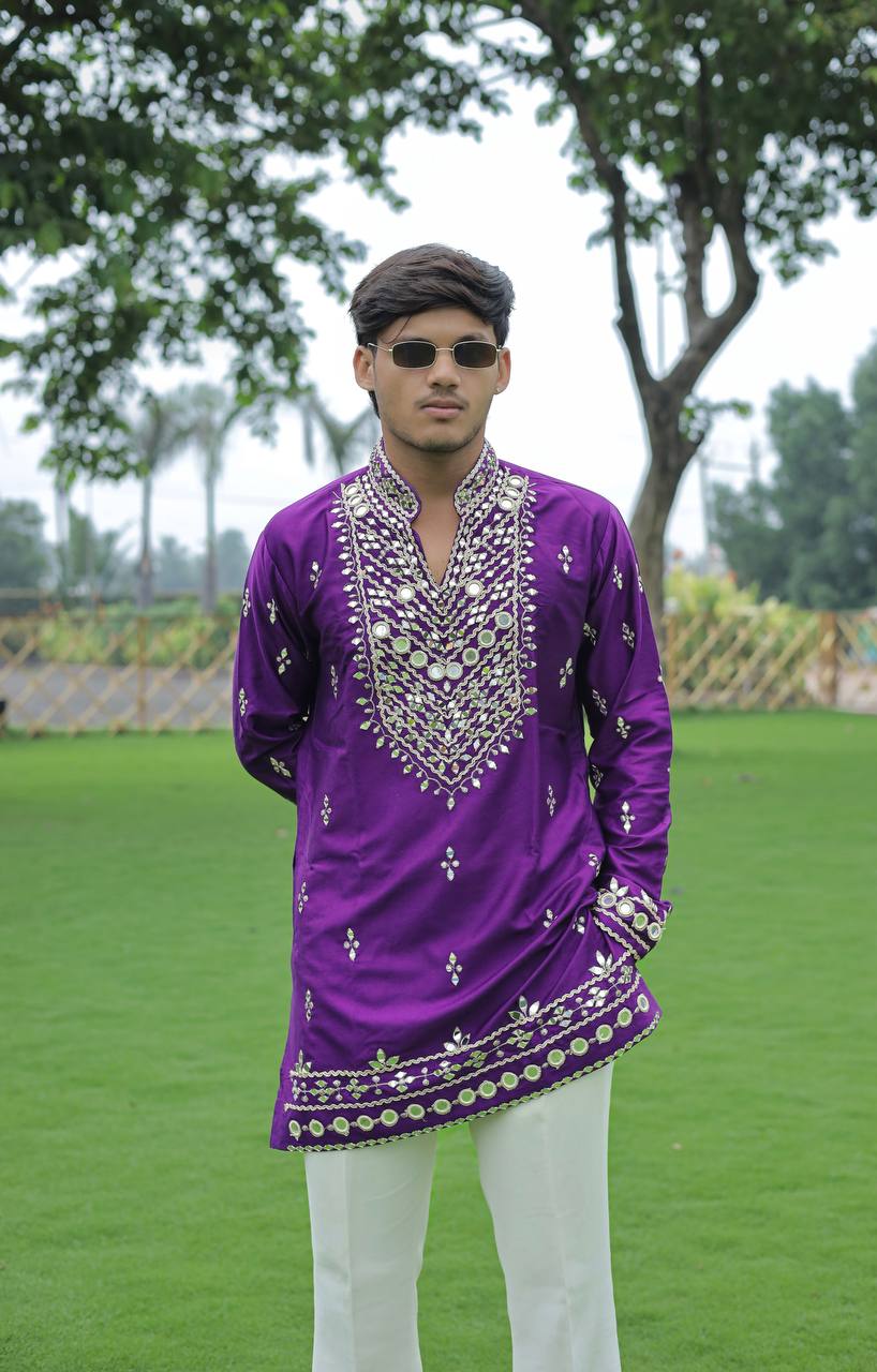 Violet V Neck Real Mirror Work Kurta