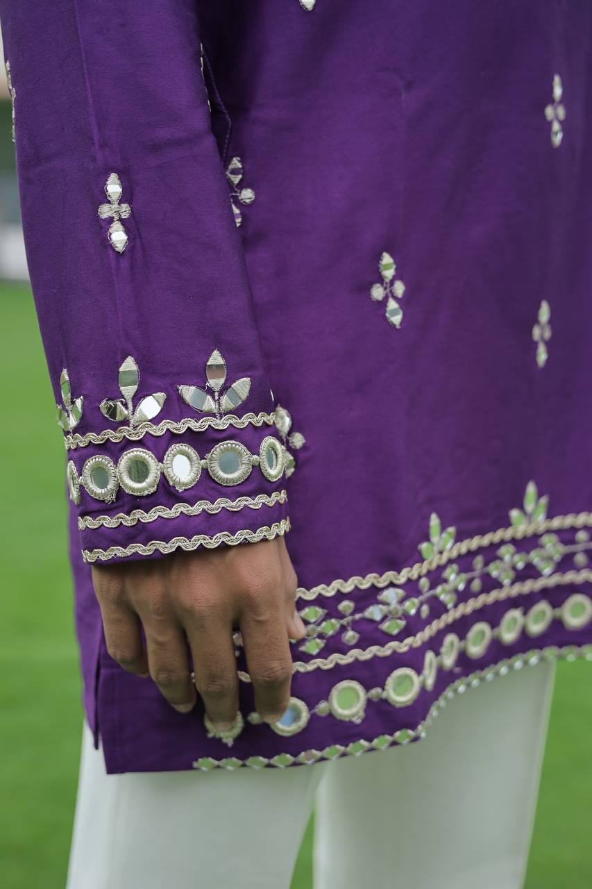 Violet V Neck Real Mirror Work Kurta