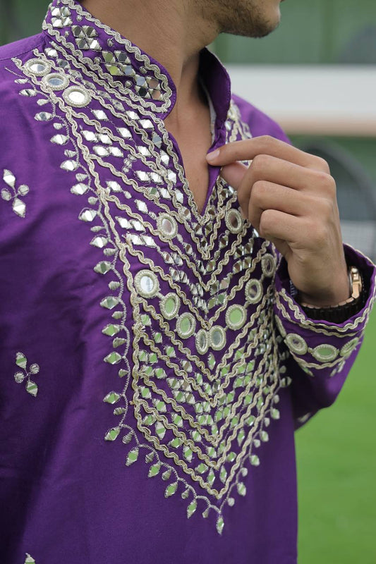 Violet V Neck Real Mirror Work Kurta