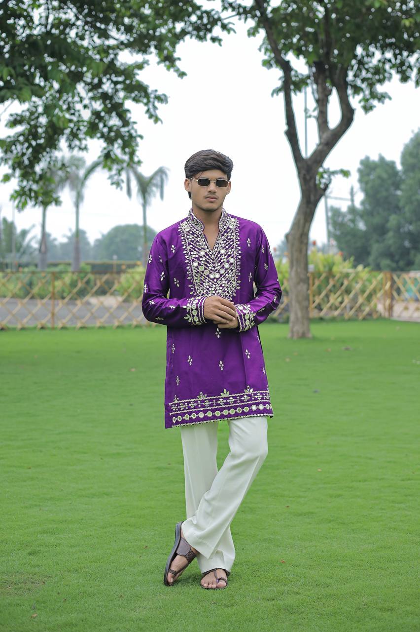 Violet V Neck Real Mirror Work Kurta