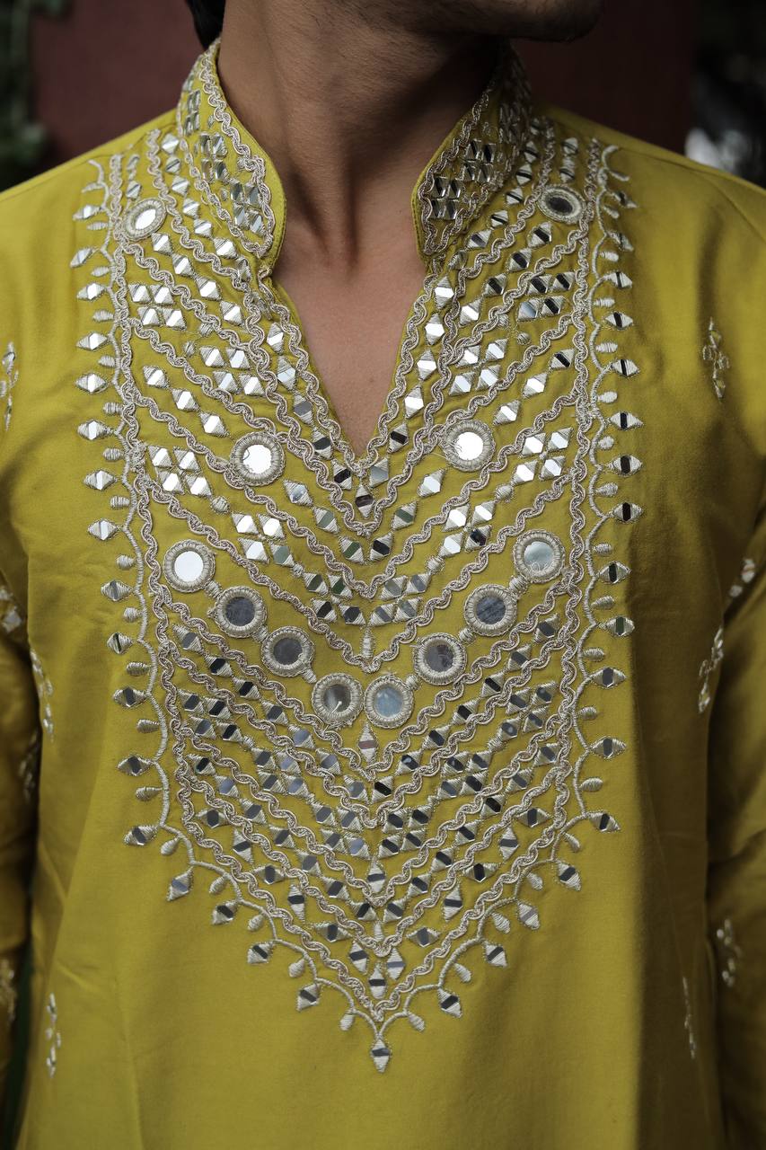 Mustard Yellow V Neck Real Mirror Work Kurta
