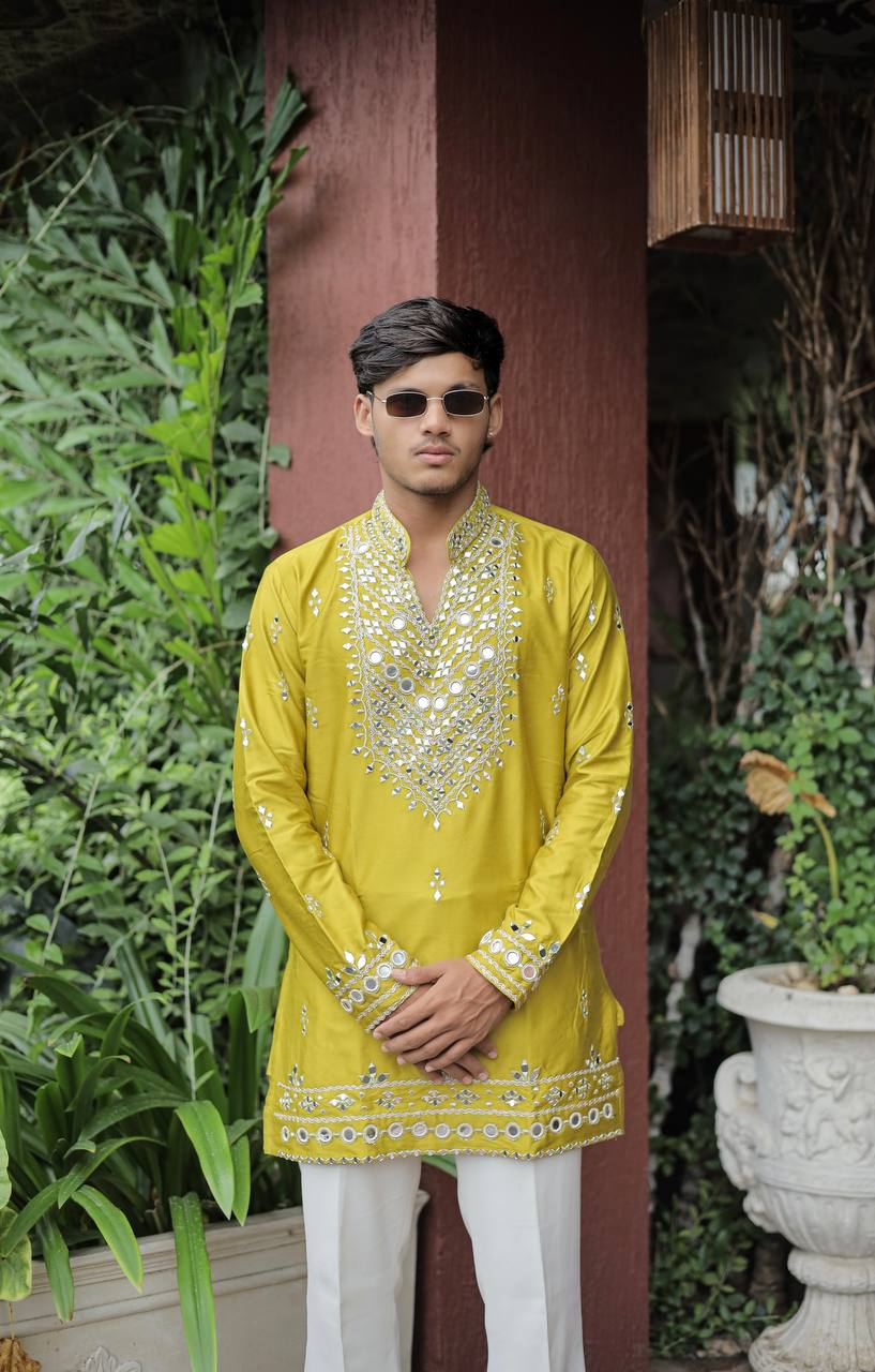 Mustard Yellow V Neck Real Mirror Work Kurta