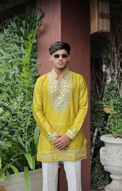 Mustard Yellow V Neck Real Mirror Work Kurta