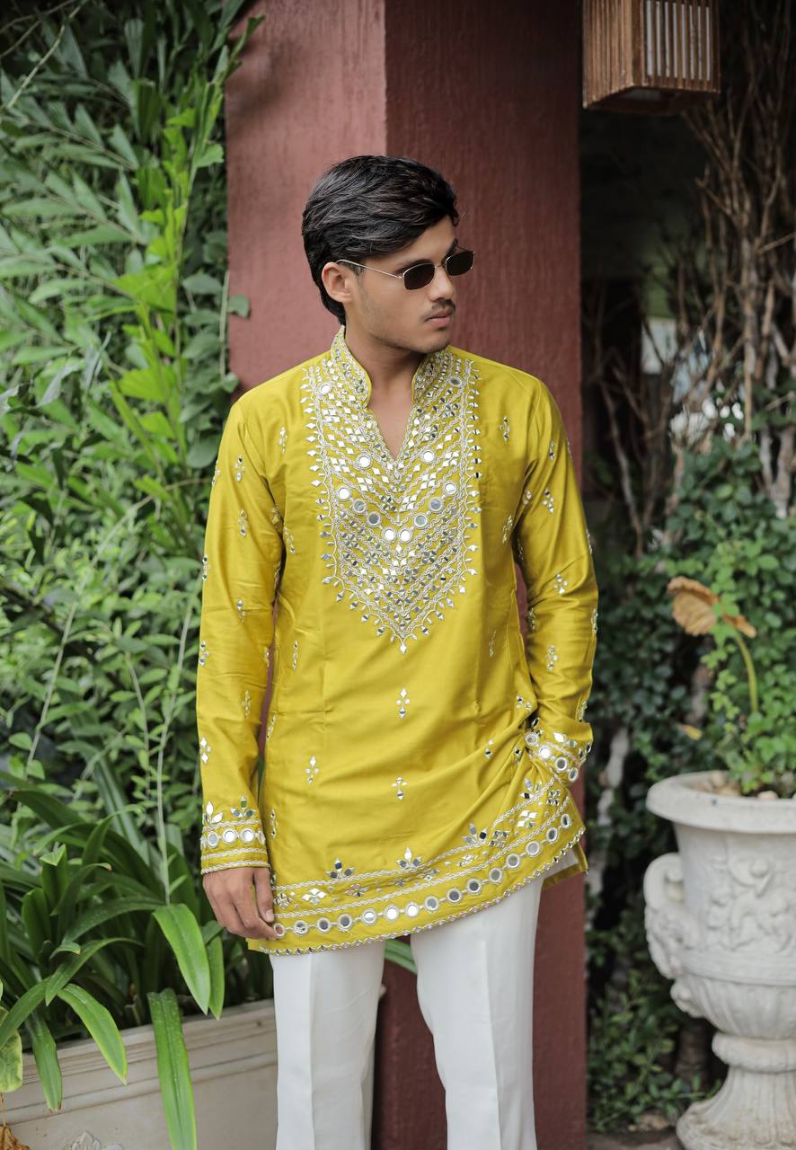 Mustard Yellow V Neck Real Mirror Work Kurta