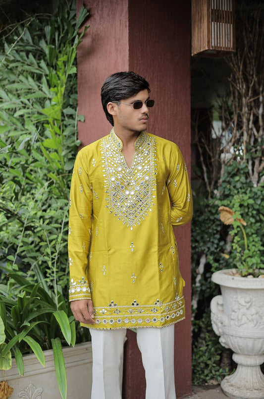 Mustard Yellow V Neck Real Mirror Work Kurta