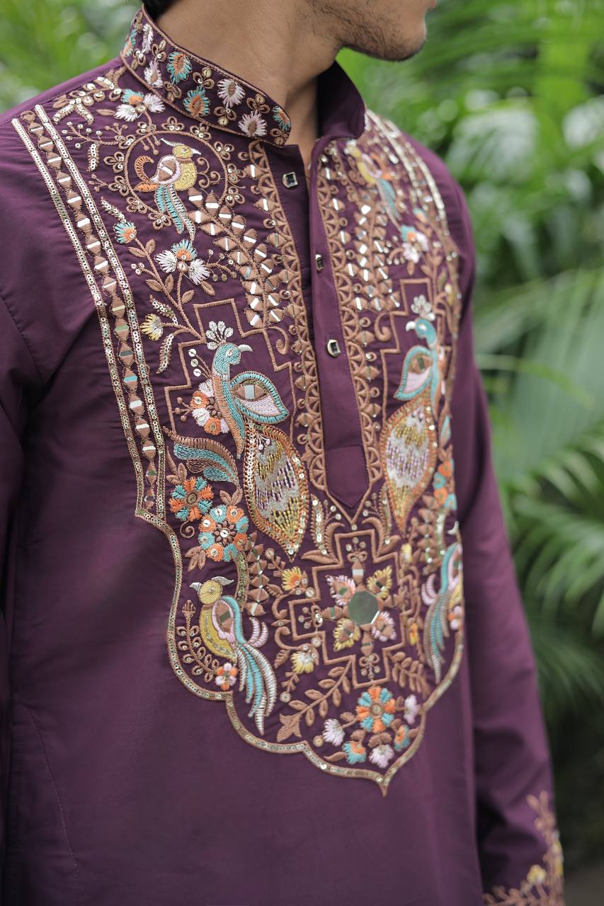 Wine Peacock Motif with Mirror Work Kurta