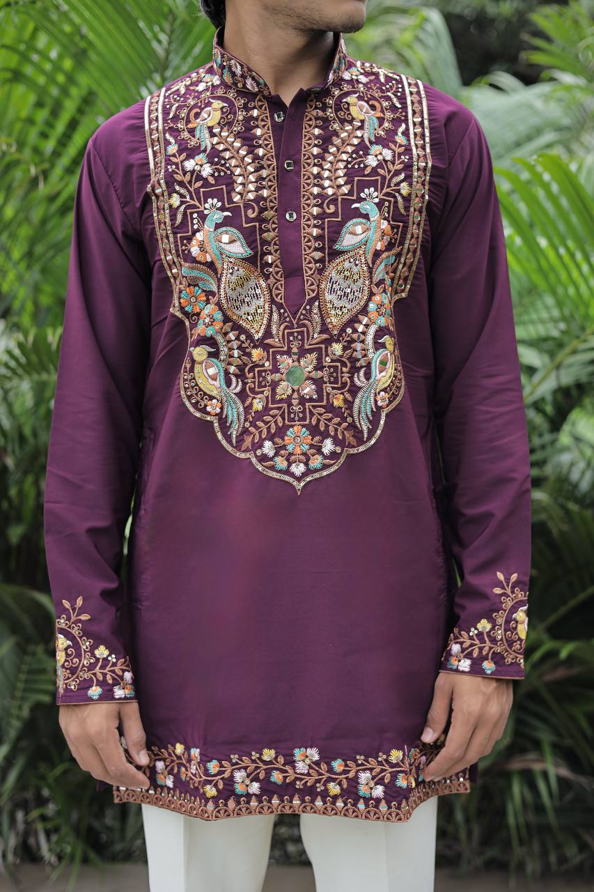 Wine Peacock Motif with Mirror Work Kurta