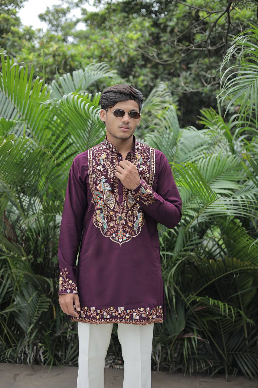 Wine Peacock Motif with Mirror Work Kurta