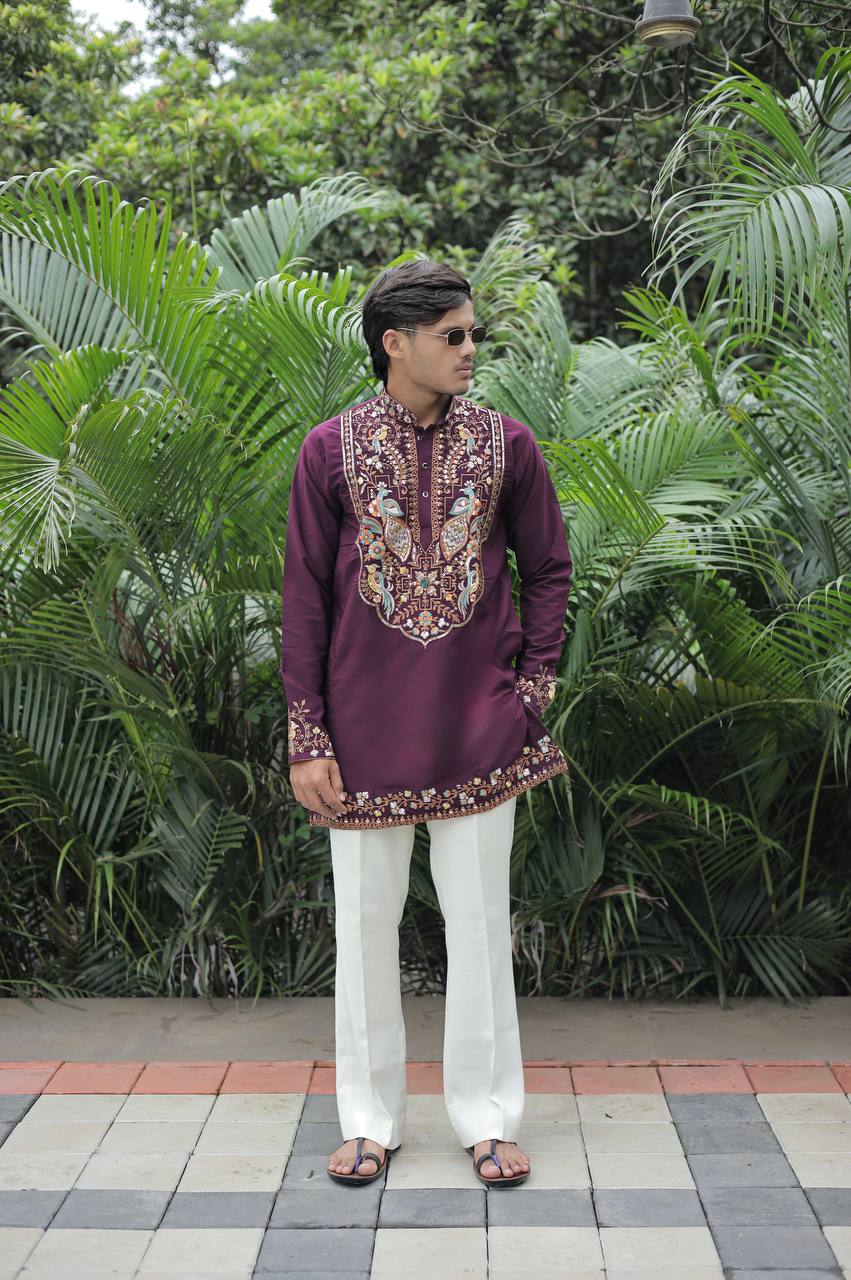 Wine Peacock Motif with Mirror Work Kurta