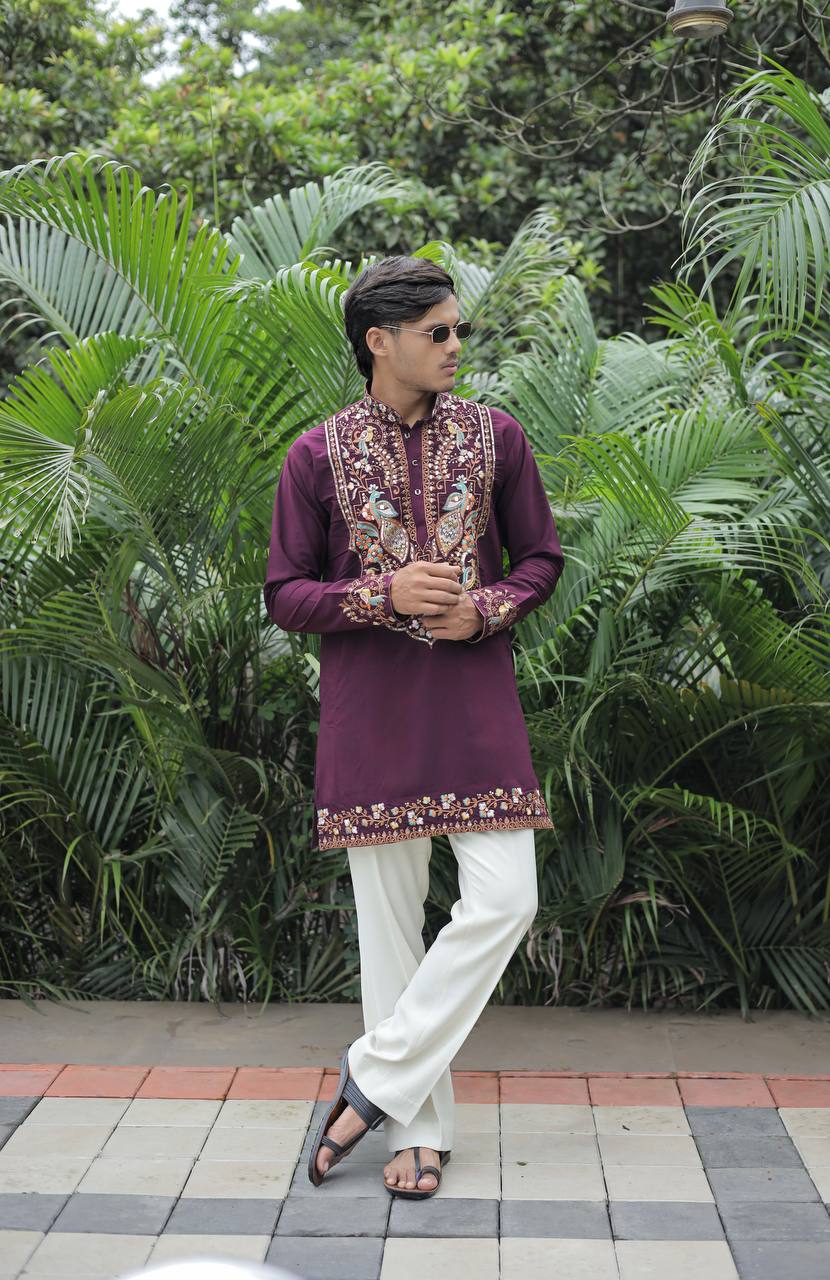 Wine Peacock Motif with Mirror Work Kurta