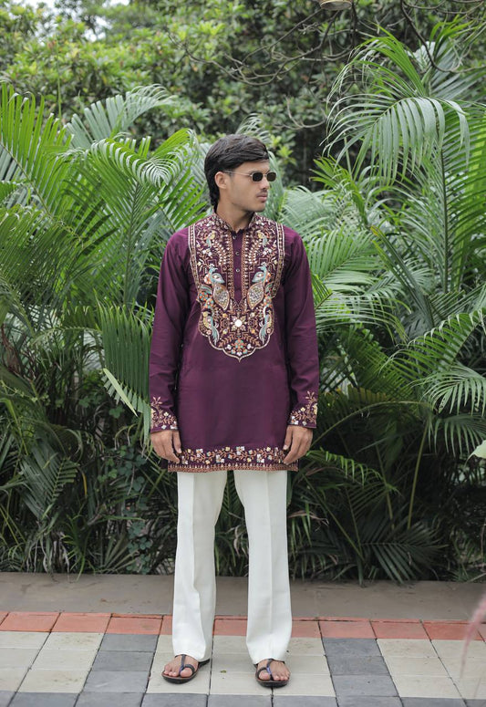 Wine Peacock Motif with Mirror Work Kurta