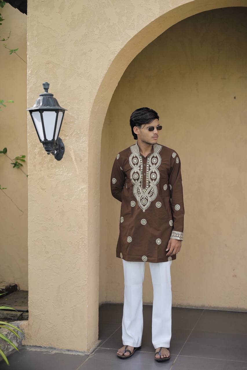 Olive Brown Golden Jari Mirror Work Kurta