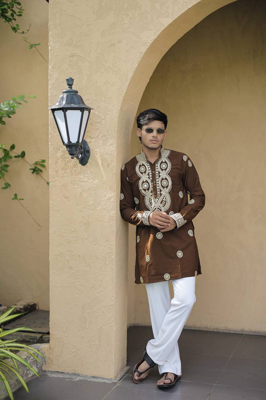 Olive Brown Golden Jari Mirror Work Kurta