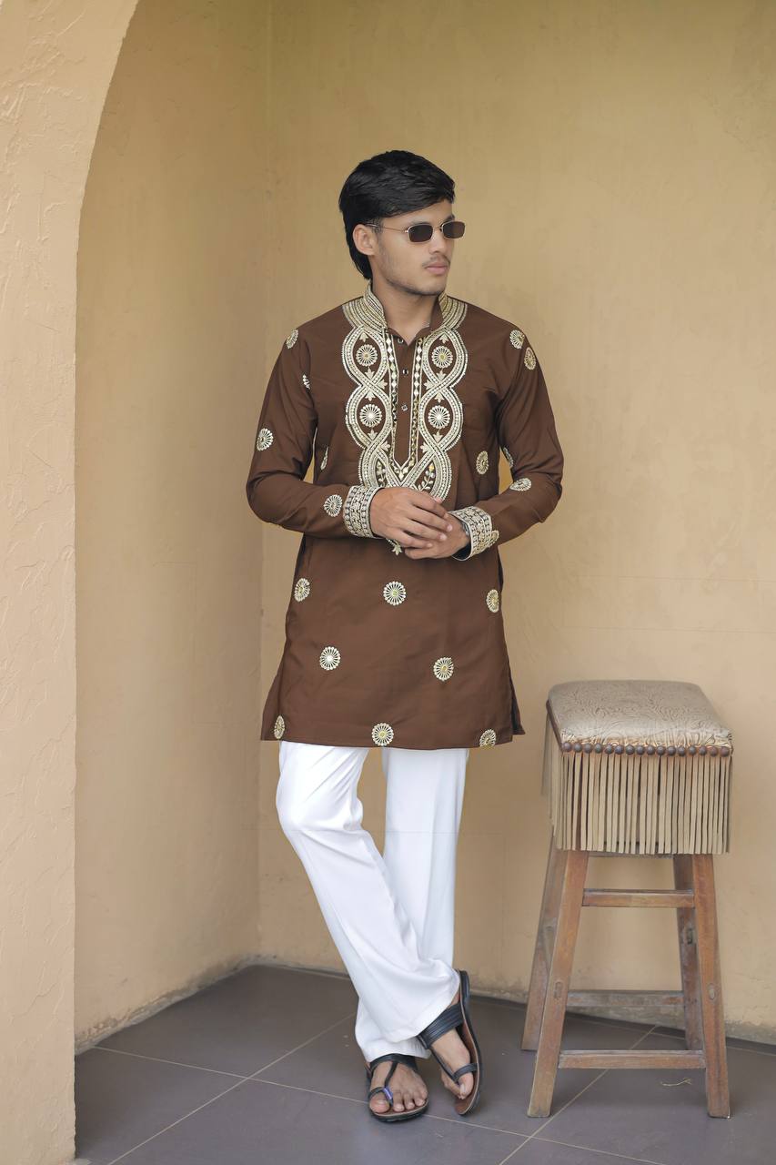 Olive Brown Golden Jari Mirror Work Kurta