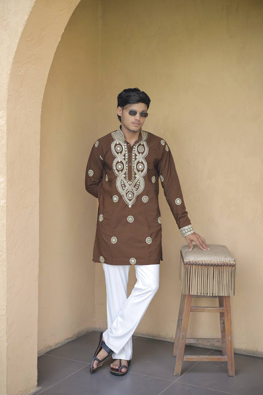 Olive Brown Golden Jari Mirror Work Kurta