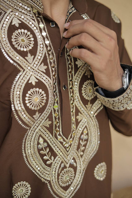 Olive Brown Golden Jari Mirror Work Kurta
