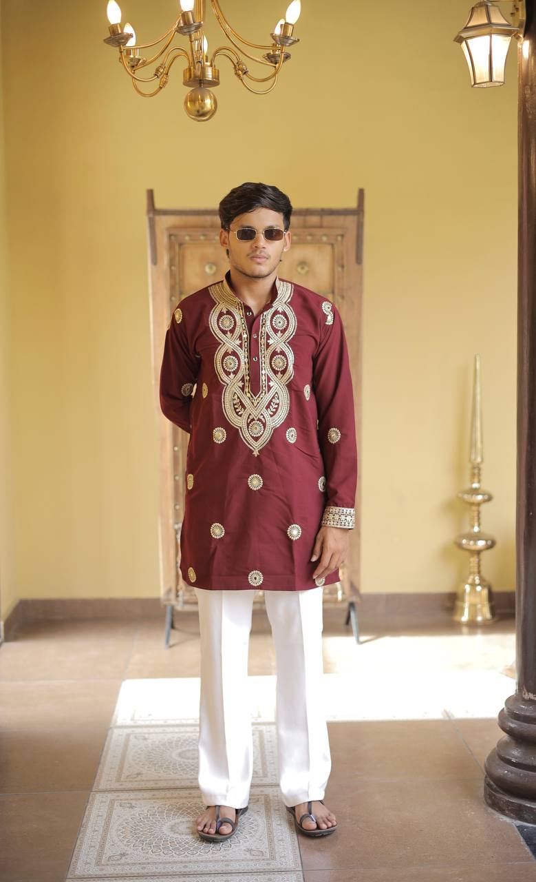Maroon Golden Jari Mirror Work Kurta