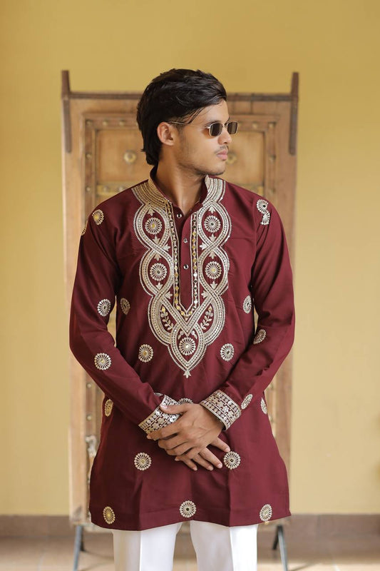 Maroon Golden Jari Mirror Work Kurta