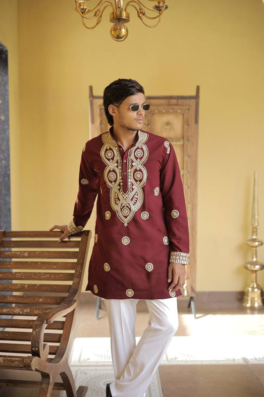Maroon Golden Jari Mirror Work Kurta